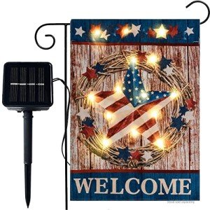 Welcome Patriotic Barn Star Garden Flag with Lights- Solar LED Burlap Mini Small All Seasons Garden Flag Welcome Sign 12x18 Double Sided for Outside Outdoors Patio Lawn Yard Decoration Farmhouse