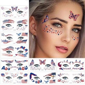 Face Temporary Tattoos Sticker 10 Sheets 4th of July Flag Butterfly Tattoos Face Eyes Stickers Decorations Fit for Women Girls Patriotic Makeup Festival Party,2024 Style