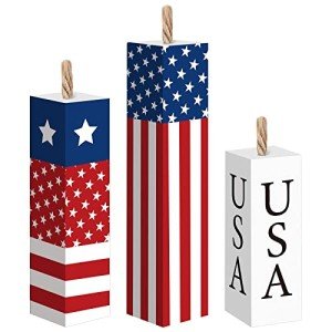 Amyhill 3 Pcs 4th of July Wooden Table Decorations Patriotic Table Centerpieces Independence Day Wood Firework Fourth of July Table Signs for Home Farmhouse Decor(Star)