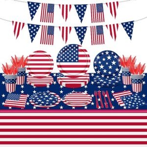 142Pcs American Flag Party Decorations 4th of July Patriotic Tableware Disposable Banner,Tablecloth,Plates,Napkins,Cups,Forks and Knives for Independence Day, Memorial Day Party Supplies ,Serve 20