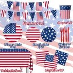 142Pcs American Flag Party Decorations 4th of July Patriotic Tableware Disposable Banner,Tablecloth,Plates,Napkins,Cups,Forks and Knives for Independence Day, Memorial Day Party Supplies ,Serve 20