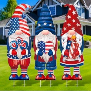Umigy 3 Pcs Memorial Day Yard Decor 32 x 10 Inch Patriotic Outdoor Sign with Stakes Independence Day Gnome Lawn Yard Garden Decor Outdoor for 4th of July Party Supplies