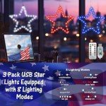 Red White and Blue Lights,3Pack 4th of July Decorations Iron Framed Hanging Patriotic Star Lights 145LED USB Operated Indoor Window Lights for Fourth of July,Independence Labor Memorial Day Home Decor