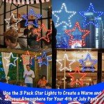 Red White and Blue Lights,3Pack 4th of July Decorations Iron Framed Hanging Patriotic Star Lights 145LED USB Operated Indoor Window Lights for Fourth of July,Independence Labor Memorial Day Home Decor