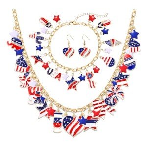 4th of July Earrings Necklace Bracelet American Flag Star USA Heart Icream Butterfly Charm Necklace Bracelet Fourth of July America Patriotic Jewelry Set for Women (4thof July jewelry A set)