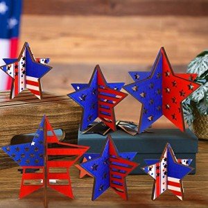 12 Pieces 4th of July Patriotic 3D Wooden Star Signs Table Centerpiece Memorial Day Party Decorations Rustic Farmhouse Glitter Block Signs for Independence Day Tabletop Tiered Tray Home Office