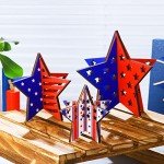 12 Pieces 4th of July Patriotic 3D Wooden Star Signs Table Centerpiece Memorial Day Party Decorations Rustic Farmhouse Glitter Block Signs for Independence Day Tabletop Tiered Tray Home Office