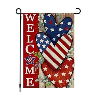 CROWNED BEAUTY 4th of July Patriotic Welcome Garden Flag 12x18 Inch Double Sided USA Flag Hearts Blue Red Memorial Day Independence Day Outside Yard Party Decoration