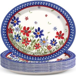 CHUNNIN 50 Pcs 4th of July Poppy Flower Oval Memorial Day Plates for Independence Day Party Supplies American Patriotic Disposable Paper Plates Patriotic Decorations for Labor Day Veterans Day