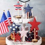 5 Pcs 4th of July Table Centerpiece Standing 3D Star Decor Wood Patriotic Sign Block Fabric Ornaments Rustic Fourth of July Independence Day Crafts for American Festival Party Home Decoration