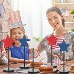 6 Pcs 4th of July Wooden Star Decoration Independence Day Standing Wooden Star Tiered Tray Decor Farmhouse Rustic Patriotic Blocks Memorial Day Tabletop Decor for American Festival Home Decorations