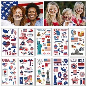 ABTOLS 10 Sheets Patriotic Tattoos, 4th of July American Flag Red White Blue Design Fake Tattoos USA Body Art Patriotic Stickers for Labor Day Memorial Day Party Supplies