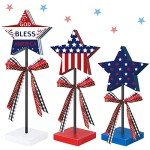 3 Pcs 4th of July Stars Decoration Patriotic Centerpieces Wooden Standing Star Block Memorial Day Decoration Rustic Independence Day Centerpieces for American Festival Home (Bright Style)