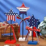 3 Pcs 4th of July Stars Decoration Patriotic Centerpieces Wooden Standing Star Block Memorial Day Decoration Rustic Independence Day Centerpieces for American Festival Home (Bright Style)