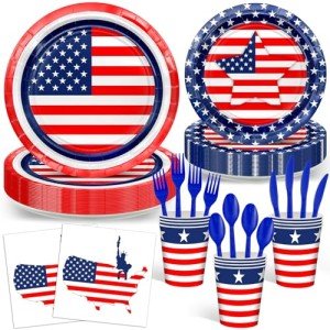 Avezano 168 PCS American Flag Patriotic Party Supplies Plates Cups Napkins Tableware Set for 4th of July, Memorial Day, Independence Day Party Decorations, Serves 24