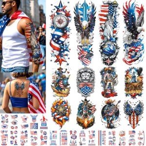 32 Sheets Independence Day Temporary Tattoo, USA Flag Patriotic Waterproof Fake Tattoos, Red White Blue Party Supplies Temp Tattoo Kits 4th of July Memorial Day, Veterans Day