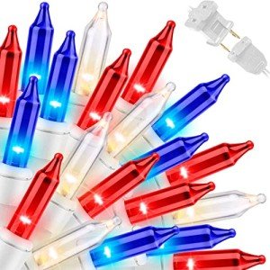 LAMPHOME Patriotic String Lights - Red White Blue Mini Lights with White Wire - 19.6Ft 100 Count UL Certified String Lights for Independence Day Patriotic Holidays Decoration (Red, White & Blue)
