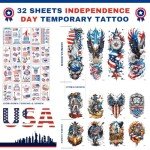 32 Sheets Independence Day Temporary Tattoo, USA Flag Patriotic Waterproof Fake Tattoos, Red White Blue Party Supplies Temp Tattoo Kits 4th of July Memorial Day, Veterans Day