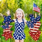 Yalikop 2 Pcs 4th of July Yard Signs Patriotic Yard Decor with Stakes 11.3 x 31.5" Independence Day Outdoor Decorations Red White Blue Star Heart Shaped Sign with LED String Lawn Decorations
