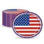 Aysimple 50 PCS 4th of July Patriotic Decorations, American Flag Large Oval Paper Plates, Veterans Day Patriotic Disposable Plates Independence Day Dinner Plates Tableware Dinnerware
