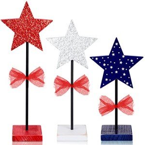 3 Pcs 4th of July Stars Decoration Patriotic Centerpieces Wooden Standing Star Block Memorial Day Decoration Rustic Independence Day Centerpieces for American Festival Home (Fresh Style)