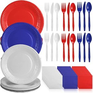 90 Pcs Patriotic Party Supplies American Flag Dinnerware Set Included Disposable Plates, Napkins and Cutlery for 4th of July Celebration Independence Day Memorial Day Party Decorations