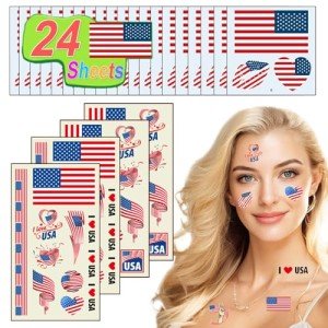 24 Sheets USA Flag Tattoos America Independence Day Face Temporary Tattoos Stickers For Men Women Kids 4th Fourth of July American National Country Flag for World Cup US Memorial Day, Sport Games