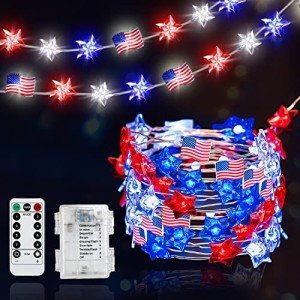 4th of July Decorations Lights, 13FT 40LED Lights Battery Operated Remote Timer USA Flag Fairy Light for Indoor Home Independence Day Memorial Day Fourth of July