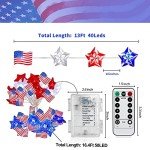 4th of July Decorations Lights, 13FT 40LED Lights Battery Operated Remote Timer USA Flag Fairy Light for Indoor Home Independence Day Memorial Day Fourth of July