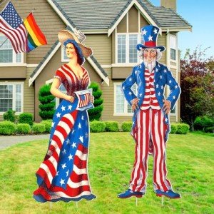 Beeveer 2 Pcs 4th of July Yard Sign with Stake Outdoor Patriotic Star Lawn Decoration American Man Woman Waterproof Welcome Party Yard Sign for Memorial Day Home Garden Pathway Supplies(Woman Man)