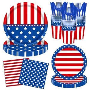 140Pcs Independence Day Party Supplies Tableware Set, 4th of July Disposable Plates and Napkins, American Flag Patriotic Party Decorations, Stars and Stripes 4th of July Party Decorations,for 20 Guest
