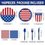 140Pcs Independence Day Party Supplies Tableware Set, 4th of July Disposable Plates and Napkins, American Flag Patriotic Party Decorations, Stars and Stripes 4th of July Party Decorations,for 20 Guest