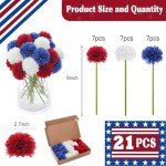 Kimura's Cabin 21Pcs Fake Ball Flowers 4th of July Artificial Chrysanthemum Flowers Fake Mums Flowers Memorial Day Home Decor Table Centerpieces DIY Patriotic Decor Flowers(Red White Blue)