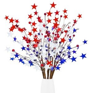 obbsie 6pcs Patriotic Artificial Berry Stems, 23.6“ Red Blue White Pip Stars Picks 4th of July Table Centerpiece for Home Independence Day Memorial Day Party Office Decorations