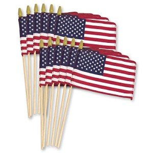 Super Tough American Flag | 0.67x1 FT Outdoor USA Flag | 24" Durable Wooden Stick with Spear Tip & Embroidered Stars | 8x12 in Heavy Duty Most Durable Cotton US Stick Flag | Made in USA | 12 Pack