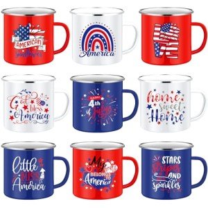Mumufy 9 Pcs 4th of July Coffee Mugs 12 oz Patriotic Enamel Mug Independence Day Outdoor Camper Coffee Cup American Sign Red White Blue Camping Tea Cup for Memorial Day Party Campfire Gift