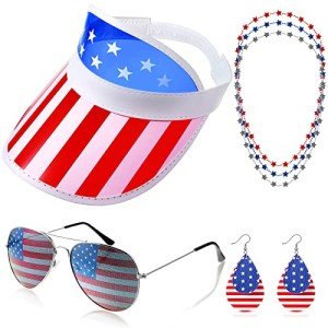 4th of July USA Flag Patriotic Party Accessories Include Independence Day American Flag Sun Visor Sunglasses Earrings Patriotic Bead Necklaces for USA Patriotic Party Favors Supplies Decor
