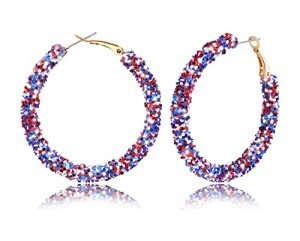 Glittering 4th of July Hoop Earrings Large Independence Day Earrings Shiny Sequins Circle Red White Blue Earrings for Women Patriotic Activity Jewelry Gifts