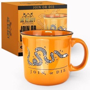 AK Ready Join Or Die Ceramic Coffee Cup Mug Large 17 oz Size Latte, Tea, Water Gadsden Bedford Flag Revolutionary War 1776 Patriotic Fathers Day Dont Tread on Me