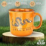 AK Ready Join Or Die Ceramic Coffee Cup Mug Large 17 oz Size Latte, Tea, Water Gadsden Bedford Flag Revolutionary War 1776 Patriotic Fathers Day Dont Tread on Me