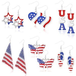 American Flag Earrings 4th of July Earrings for Women Alloy Heart Star Flag Dangle Drop Earrings for Independence Day Patriotic Earrings Fashion Jewelry Gift(4 Pairs)