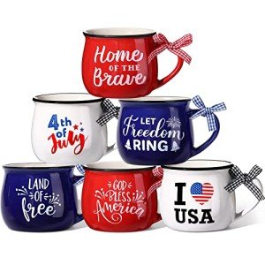 Zubebe 6 Pieces Patriotic Coffee Mugs 4th of July Ceramic Cups Tumbler Hot Cocoa Mugs Gift Set for Independence Day Tiered Tray Coffee Bar Decorations (Patriotic)