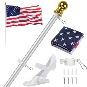 Jetlifee American Flag Pole Kit, Including 100% Polyester US Flag, 6 Ft Aluminum Silver No Tangle Spinning Pole and 2-Position Flag Pole Bracket (3 by 5 Ft Flag with Flagpole Kit)