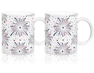 Whaline 2Pcs Patriotic Mug 4th of July Ceramic Drinking Cup Red Blue Firework Stars Coffee Mug for Independence Day Party Table Centerpieces Gift