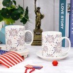 Whaline 2Pcs Patriotic Mug 4th of July Ceramic Drinking Cup Red Blue Firework Stars Coffee Mug for Independence Day Party Table Centerpieces Gift