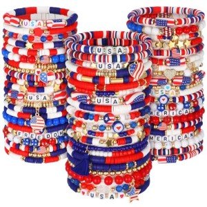 Landical 64 Pieces 4th of July Beaded Bracelets Patriotic Red White and Blue Bracelets American Flag USA Stackable Clay Stretch Friendship Beaded Jewelry Outfits for Women Accessories