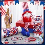 Landical 64 Pieces 4th of July Beaded Bracelets Patriotic Red White and Blue Bracelets American Flag USA Stackable Clay Stretch Friendship Beaded Jewelry Outfits for Women Accessories