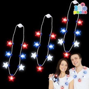 JOYIN 3 PCS 4th of July LED Necklaces, Patriotic Light up Necklace with Stars Red White and Blue Accessories in 6 Different Flicker Modes for 4th of July Party Favors, Memorial Day,Independence Day