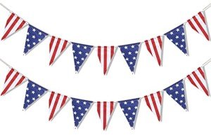 Uniwish Pre-Strung Happy 4th of July American Flag Banner, Red White Blue Stars and Stripes Pennant for Patriotic Party Decorations, USA Flag Hanging Bunting Party Favors