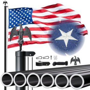 Tzechkii 25FT 12 Gauge Extra Thick Aluminum Flag Pole Kit, Heavy Duty Flag Poles for Outside House Inground, High Wind Resistance with Embroidered American Flag for Residential, Commercial(Black 25FT)